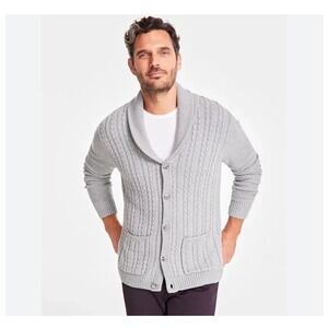 NWT Club Room Chunky Cable Knit Shawl Collar Cardigan Grandpa Fisherman L Gray